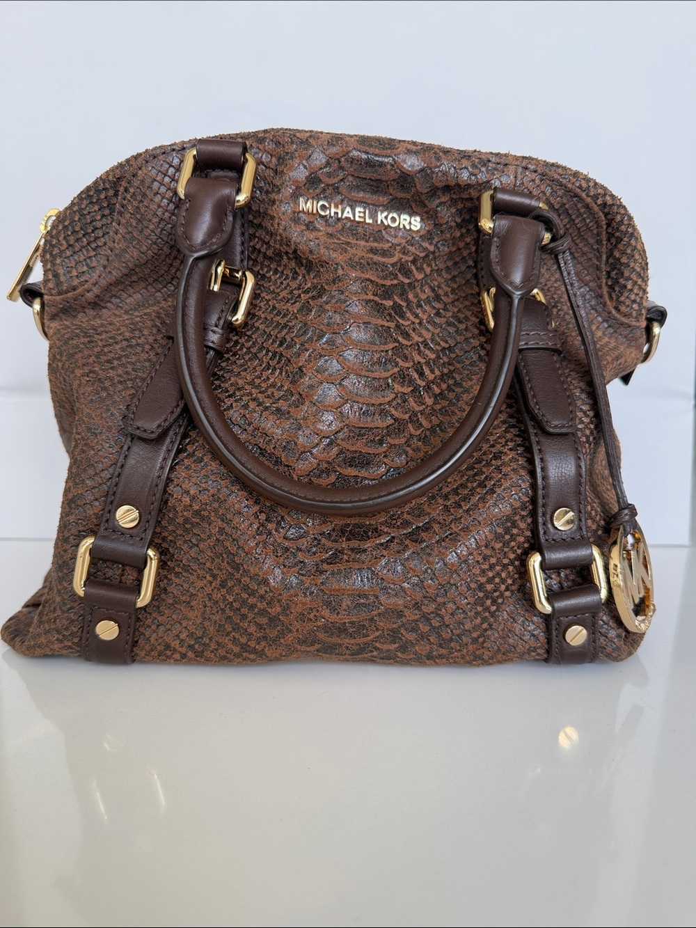Michael Kors Brown Snake-Embossed Leather Satchel with Gold Hardware